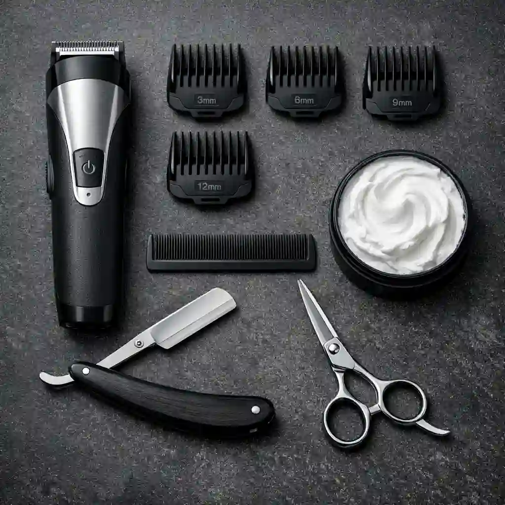 A collection of essential grooming tools required to achieve and maintain a perfect beard without mustache, including high-quality beard trimmers, sharp razors, and precision scissors for sculpting clean lines and ensuring a polished final result.