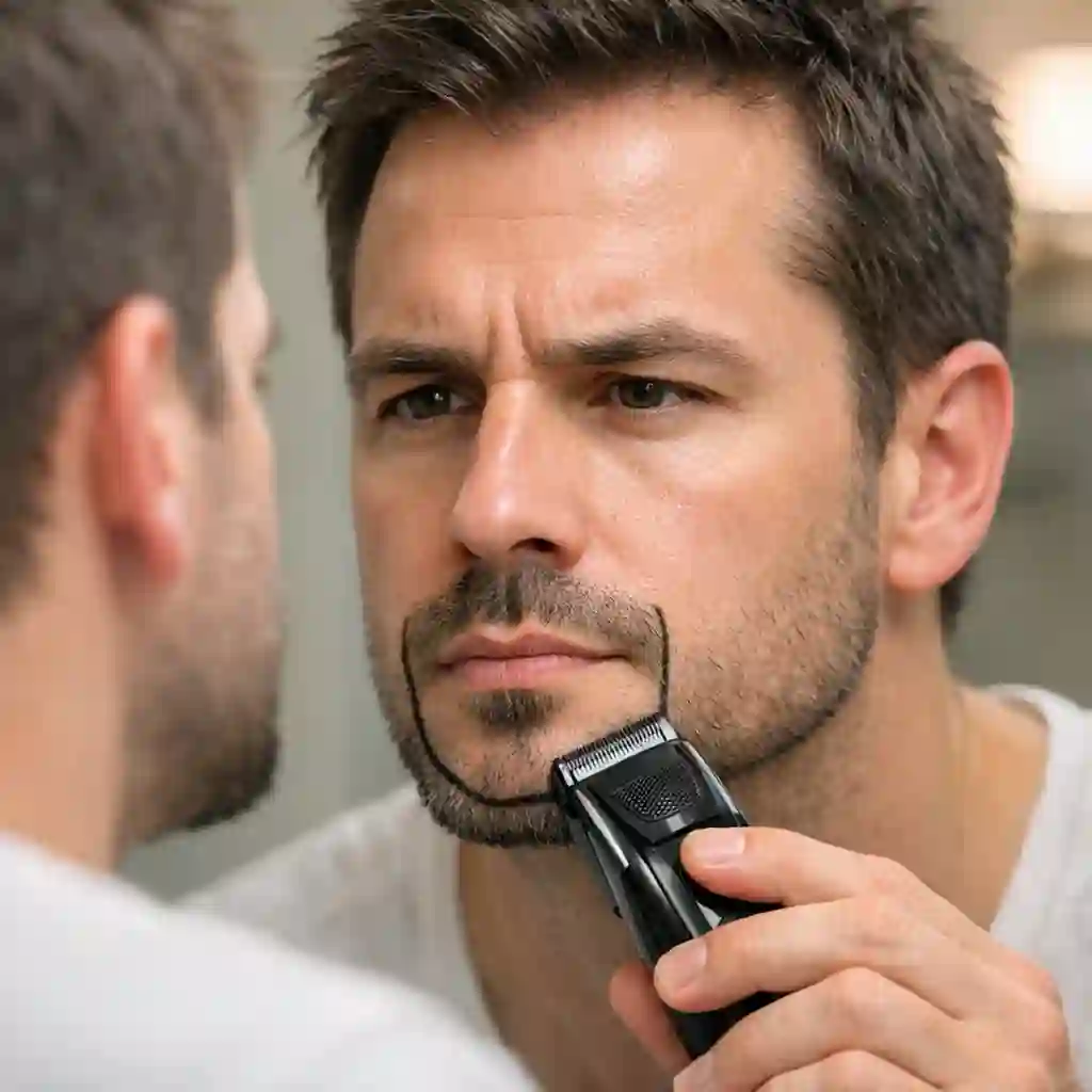A step-by-step demonstration of defining the initial outline for a goatee, a critical first phase in creating a symmetrical and well-proportioned beard without mustache that perfectly complements the individual's facial structure and intended style.