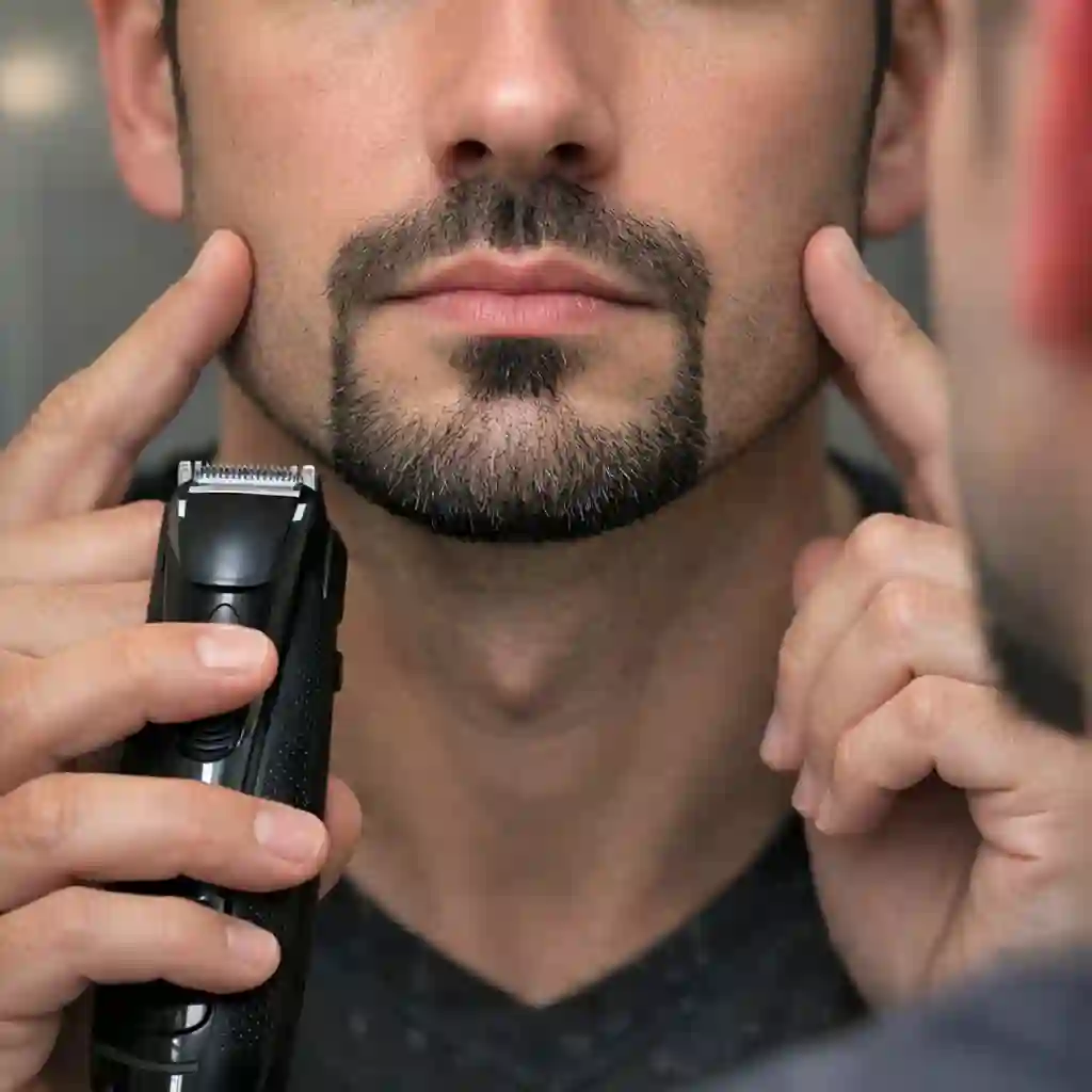 A man checking for symmetry in the mirror during the trimming process, emphasizing the importance of precision and balance when sculpting a beard without mustache to ensure a professional and attractive look from every angle.