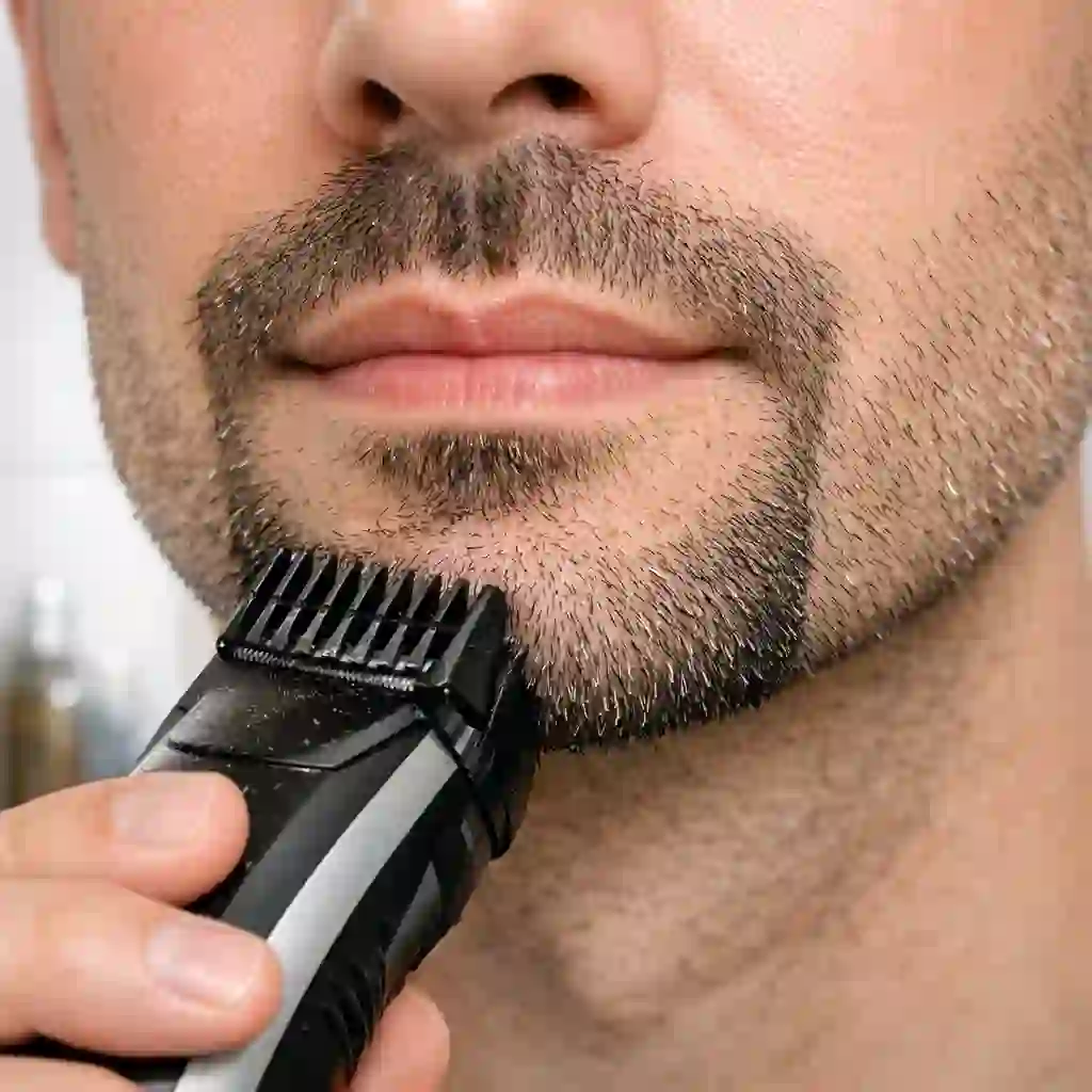 A close-up of a beard trimmer being used to achieve a uniform length for a goatee, an essential step in maintaining a neat and intentional beard without mustache that looks well-cared-for and consistently stylish over time.