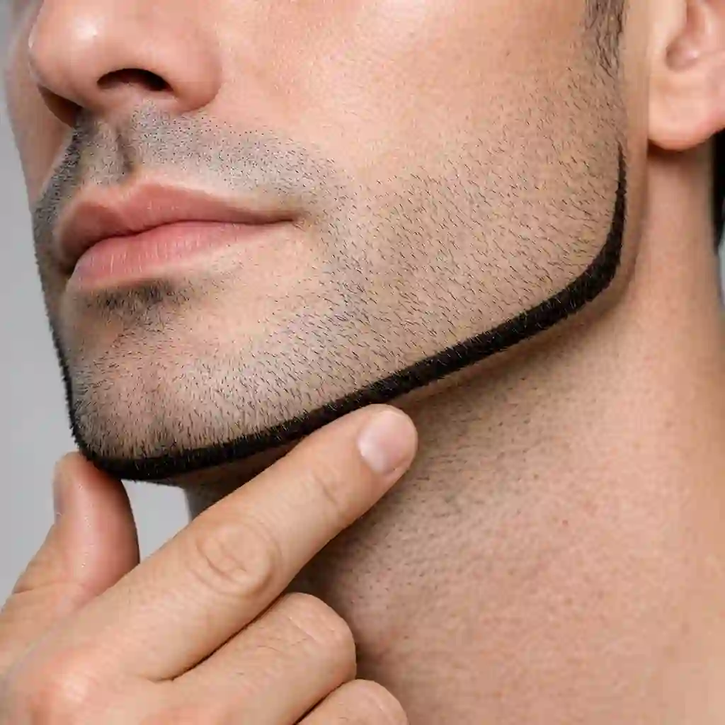 A man locating his jawline with his fingers to prepare for a chin strap trim, showing the careful preparation required to place a beard without mustache perfectly along the natural contours of the face for maximum effect.