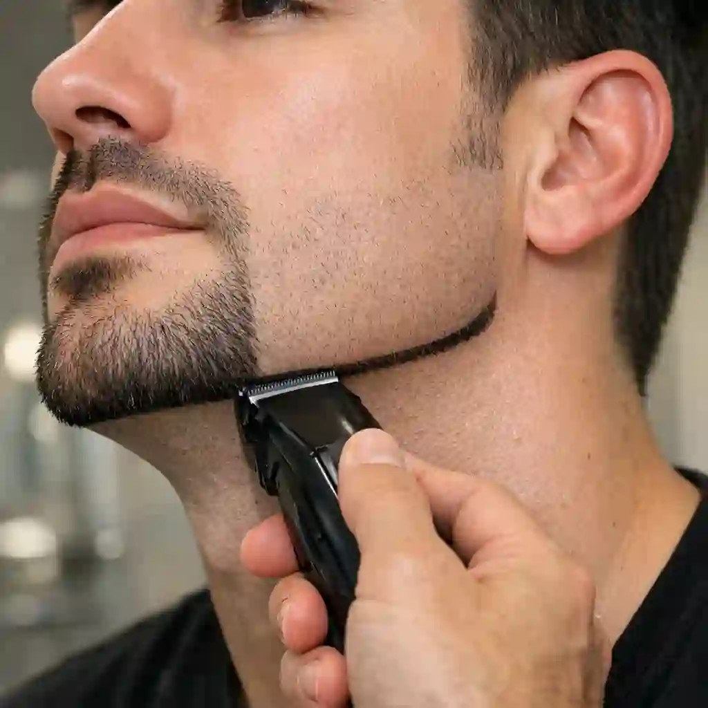 The technique of tracing the jawline with a precision trimmer to create a sharp chin strap, a fundamental skill for anyone wanting to master this specific and highly defined variation of the beard without mustache style.