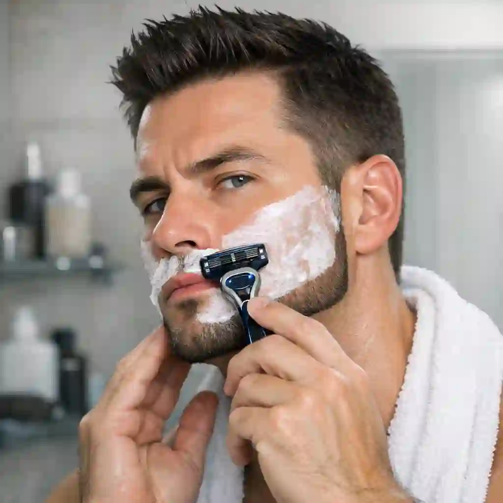 A man performing daily maintenance on his chin strap beard, illustrating the commitment to regular shaving and trimming needed to keep a beard without mustache looking its absolute best and maintaining its sharp, clean lines.