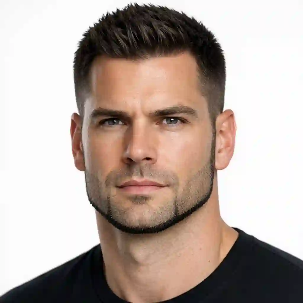 A sharp chin strap beard without mustache on a square face, illustrating how following the natural jawline with a beard without mustache can soften sharp angles while maintaining a clearly defined and polished masculine look.