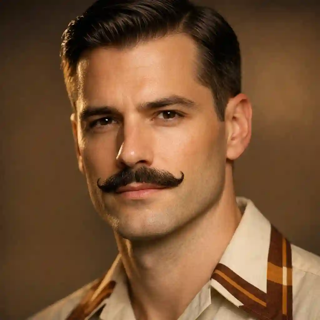 The ultimate minimalist grooming statement featuring a standalone mustache paired with a completely clean-shaven face, representing the most extreme and confident variation of the beard without sideburns concept today.