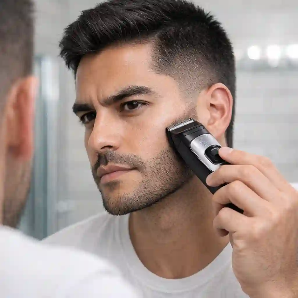Demonstration of the professional fade technique used to create a natural and smooth transition from the shaved head to the facial hair, greatly enhancing the overall impact of a beard without sideburns.