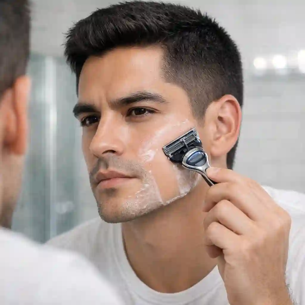 Close-up view showing the correct technique for shaving the sideburn area clean using a sharp razor and quality gel, a fundamental step in achieving the desired beard without sideburns look safely.