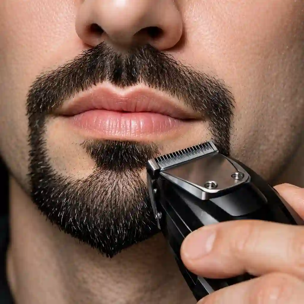 Detailed look at the precision trimming involved in shaping a compact French beard, emphasizing the strong contrast created by perfectly clean-shaven cheeks and the absence of any connecting beard without sideburns.