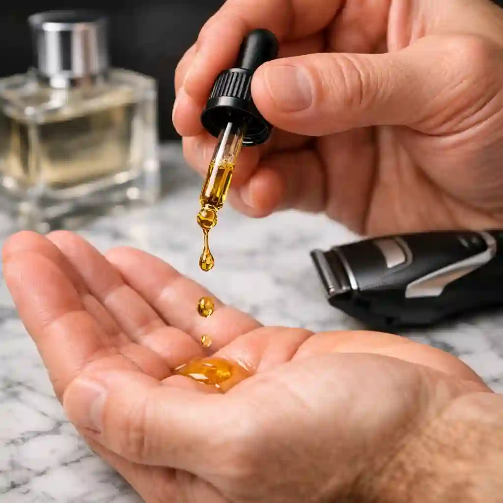 Selection of recommended grooming products like beard oil and aftershave balm that are vital for the long-term care and maintenance of a healthy-looking and well-defined beard without sideburns for modern men.