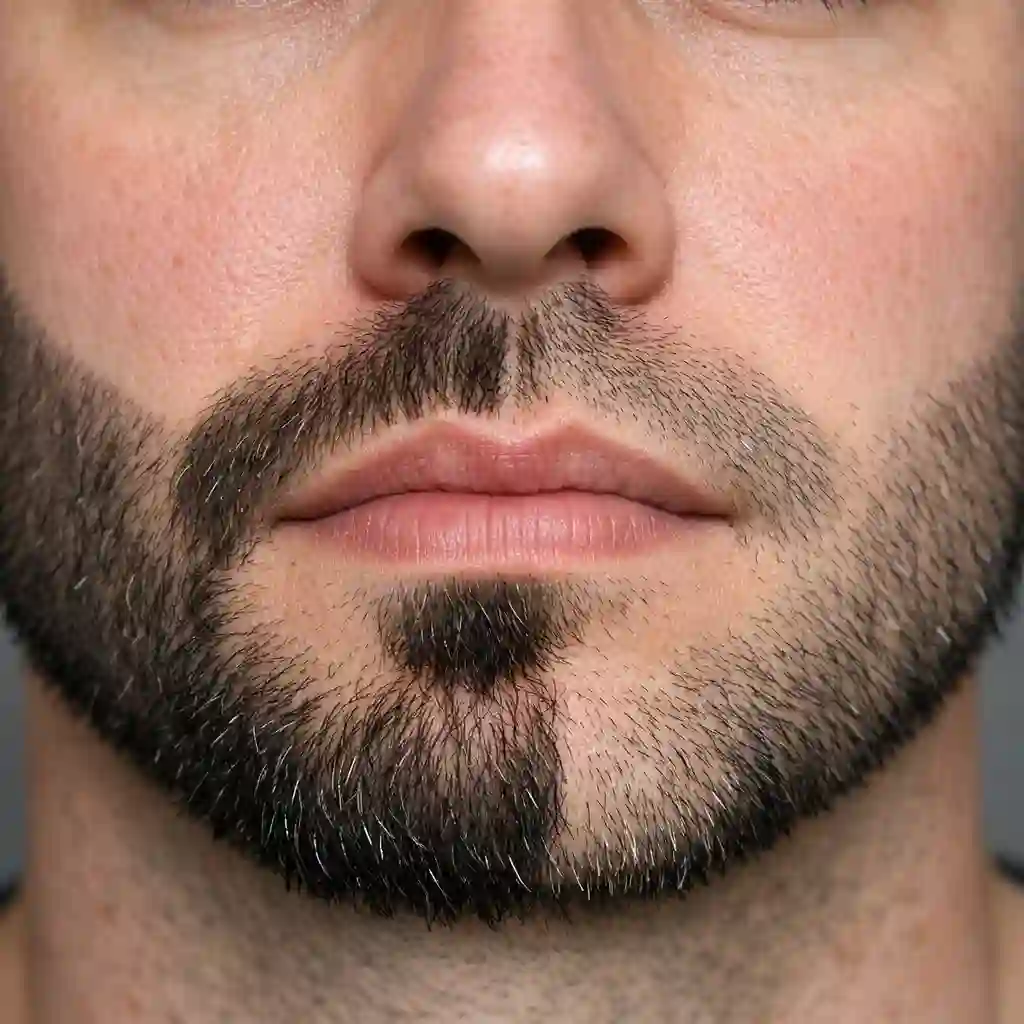 Examples of common asymmetry issues in facial hair grooming and how they can negatively impact the overall look of a beard without sideburns, stressing the need for careful planning and precision.