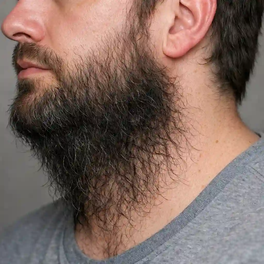 The importance of a well-defined neckline is shown here, demonstrating how a sloppy or incorrectly placed line can undermine even the most carefully sculpted beard without sideburns style for men today.