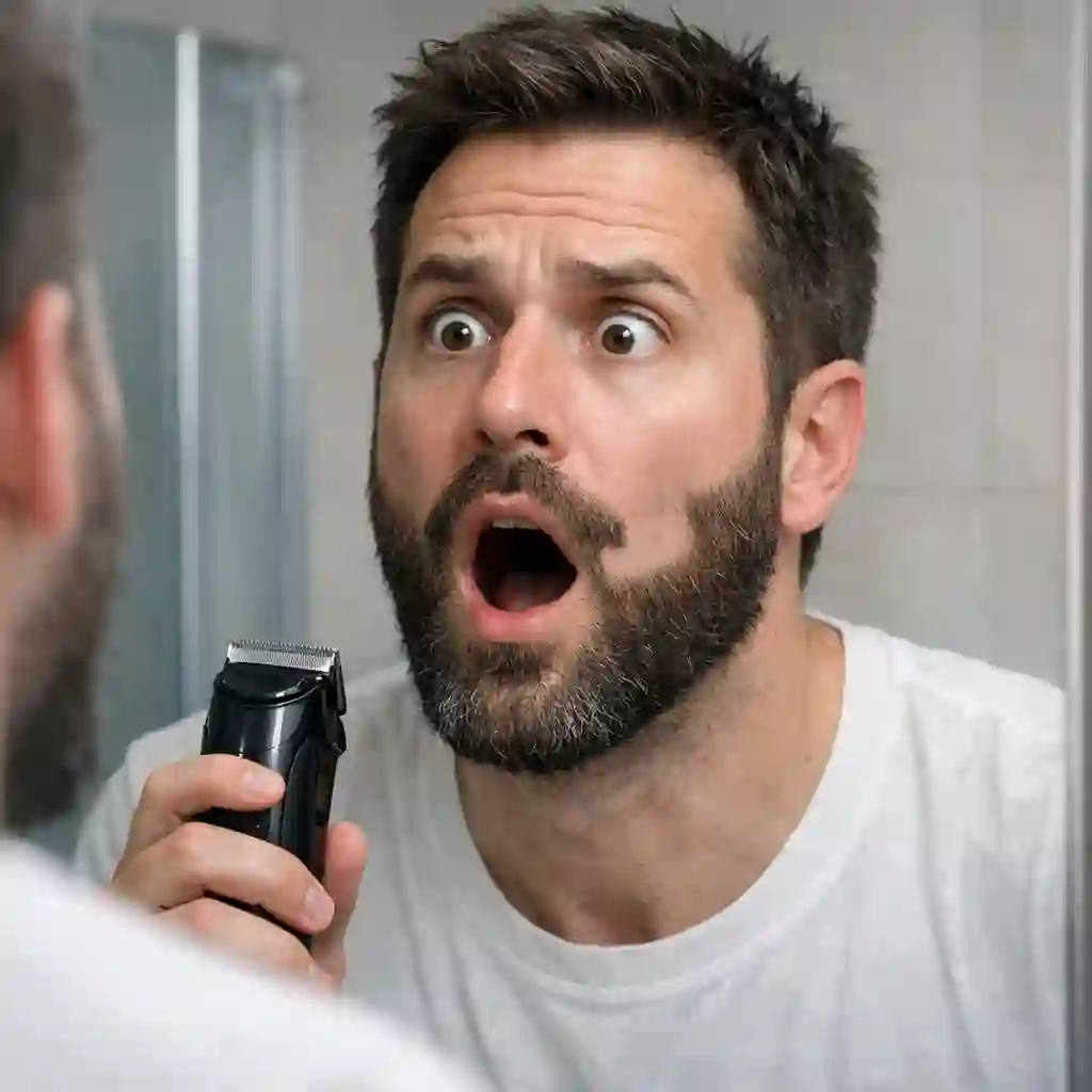A warning against over-aggressive trimming during your first grooming session, suggesting a conservative approach to ensure you achieve the perfect, symmetrical beard without sideburns look without any regrettable mistakes or errors.