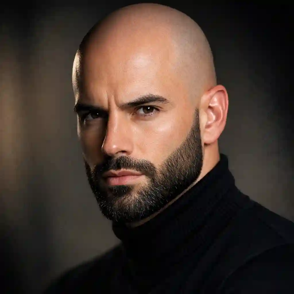 A modern bald man rocking a stylish beard without sideburns, illustrating the seamless and polished transition between a shaved scalp and well-groomed facial hair for a sophisticated, contemporary appearance.