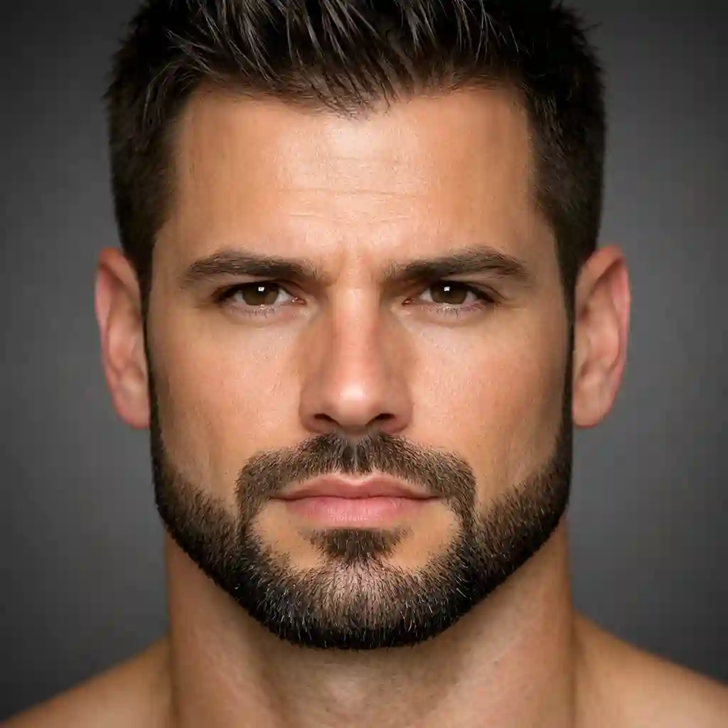 Showcasing the extended goatee which provides additional jawline coverage while maintaining the sharp beard without sideburns aesthetic, ideal for men wanting to soften the angles of a square or rectangular face.