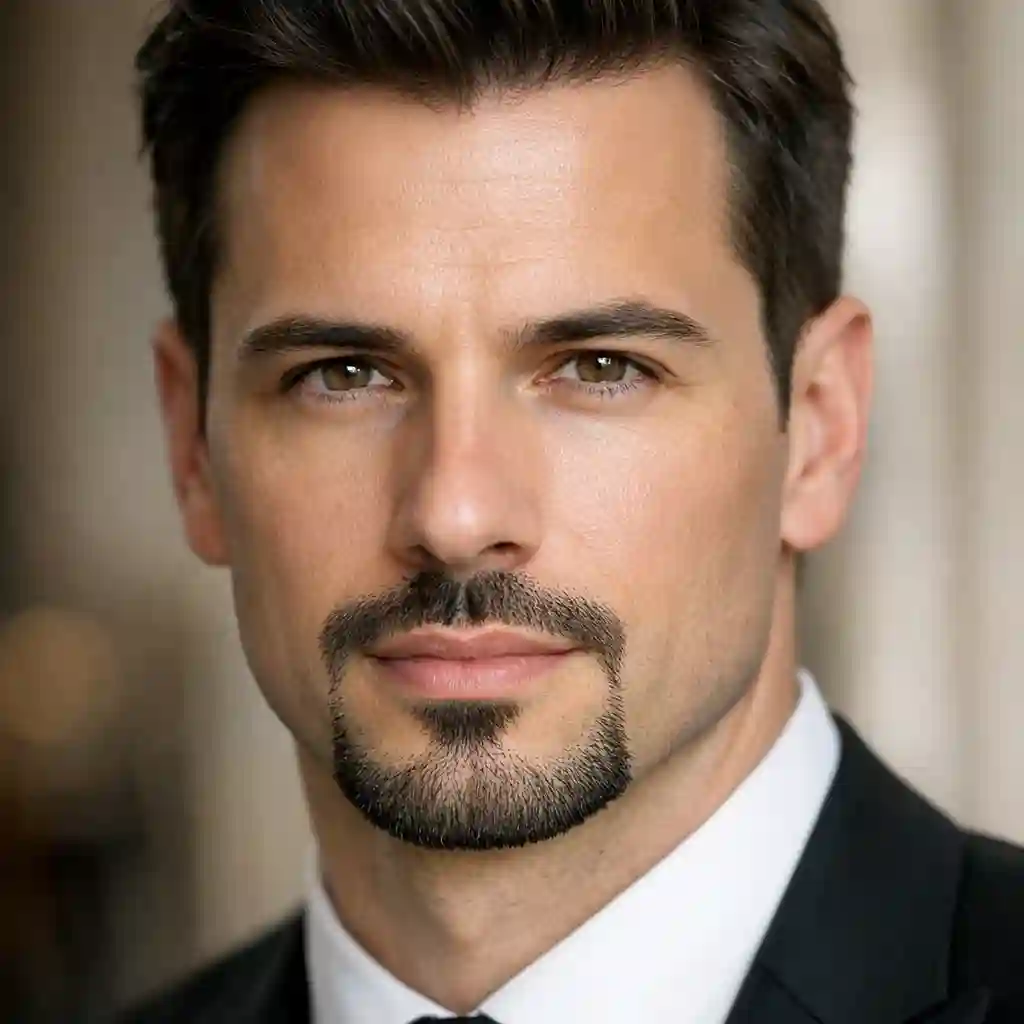 The elegant French beard style, characterized by neatly trimmed hair around the mouth and perfectly clean cheeks, offering a refined and Parisian take on the modern beard without sideburns grooming trend.