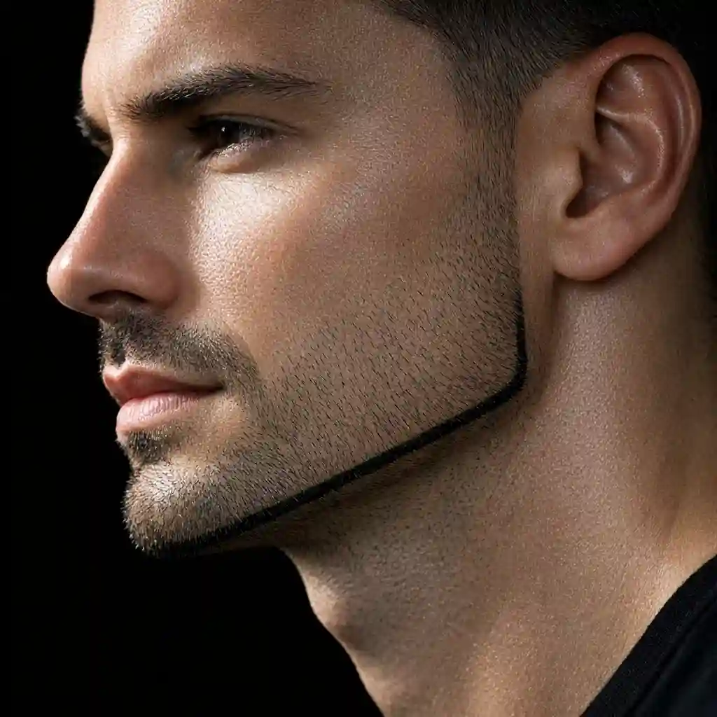 A minimalist chin strap beard that appears to float along the jawline due to the absence of sideburns, creating a very clean, sharp, and modern beard without sideburns silhouette for men.