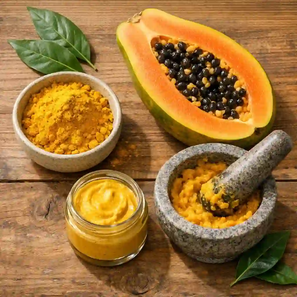 A decorative arrangement of fresh turmeric root and ripe papaya, which contain natural enzymes and compounds often used in traditional remedies by those seeking to get rid of facial hair permanently at home.