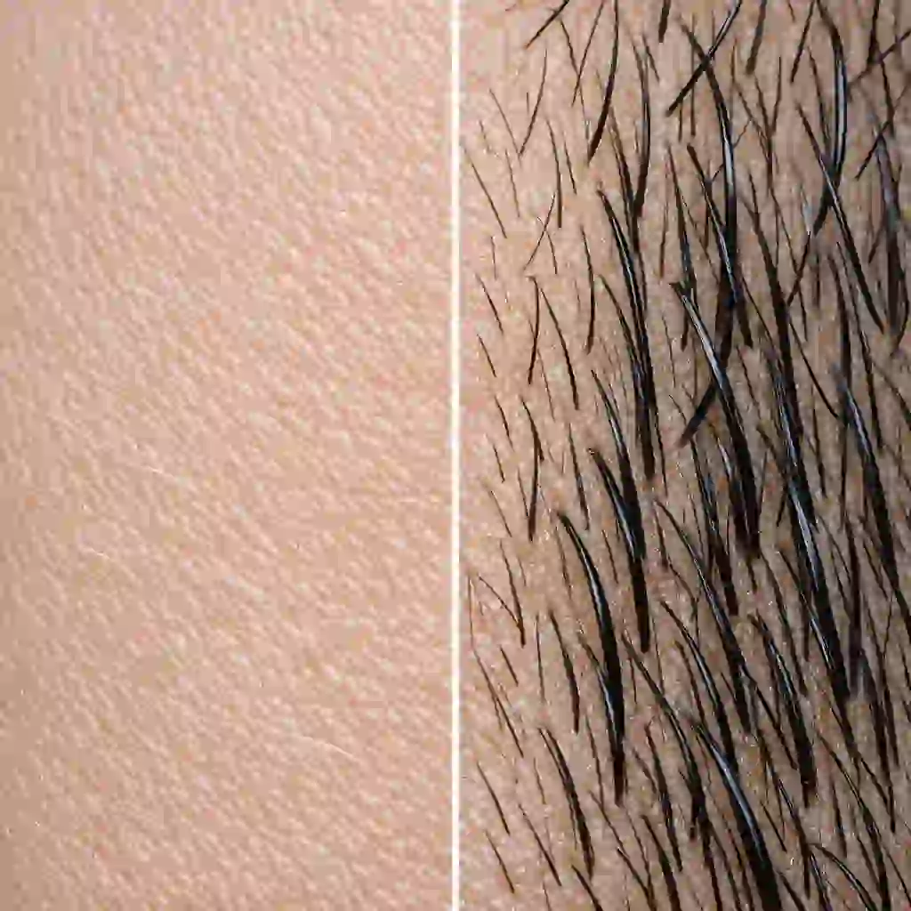A close-up comparison on the skin showing the difference between fine vellus peach fuzz and coarse terminal hairs, helping you choose the right method to get rid of facial hair permanently at home.