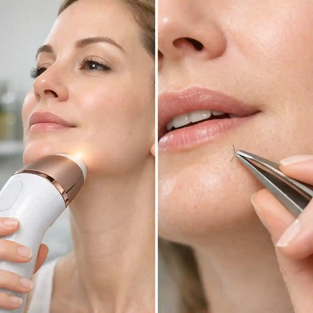 A close-up view of a person using high-quality precision tweezers to carefully extract stubborn coarse chin hairs, which is a common combination strategy used to get rid of facial hair permanently at home.