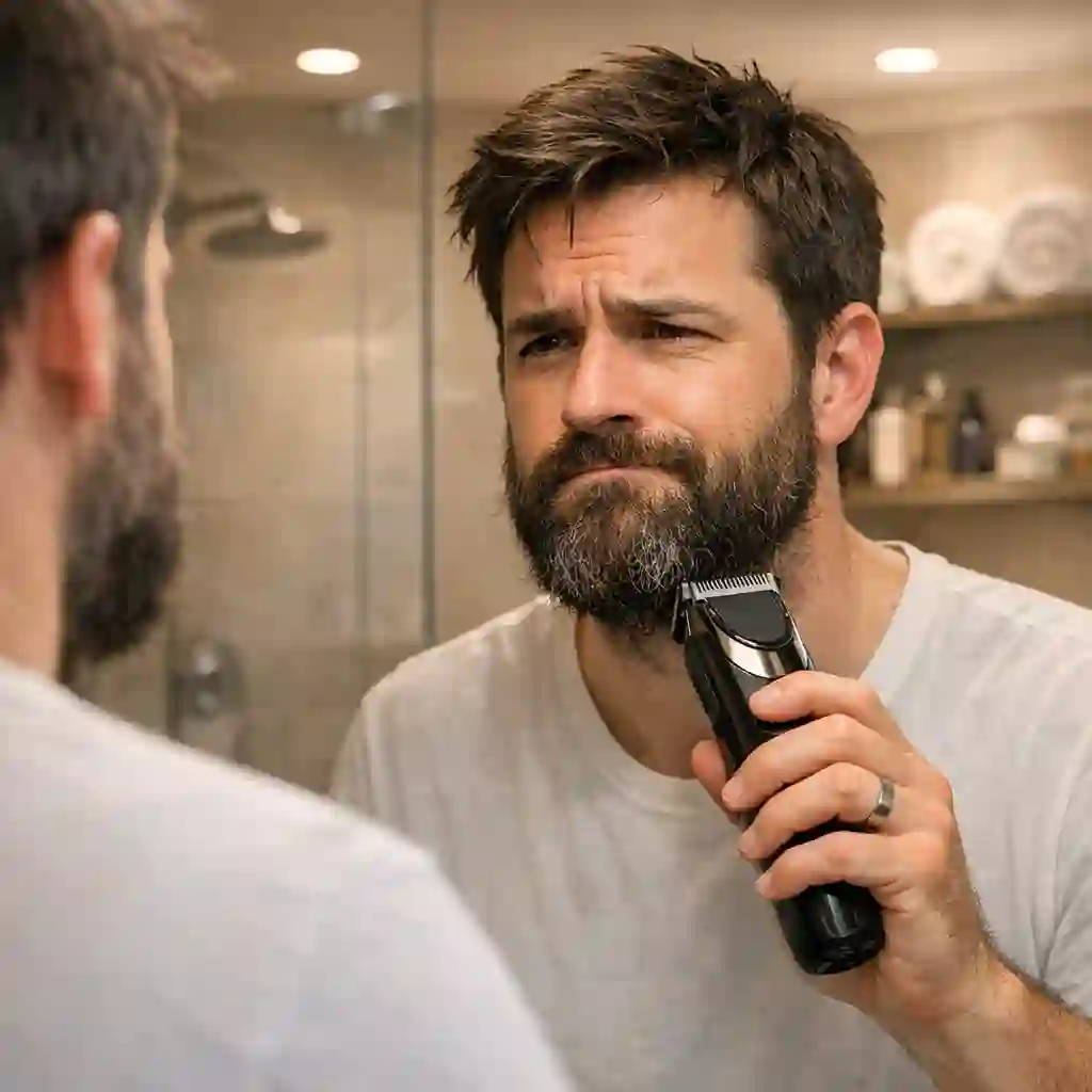 A professional illustration showing the detailed process of how to fade my beard at home, including using electric clippers to create a smooth transition between different hair lengths for a modern and clean grooming appearance.