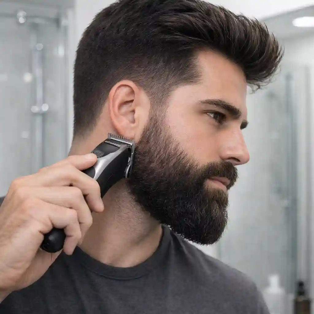 An illustration of the flicking motion technique with clippers, which is used to erase any visible lines between different hair lengths and achieve a seamless transition while learning how to fade my beard.