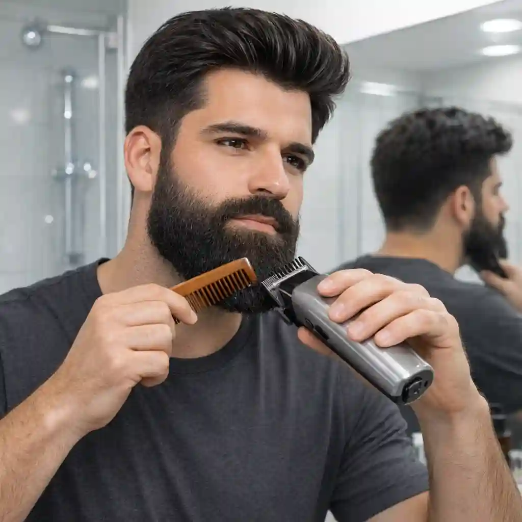 A demonstration of the advanced clipper-over-comb method, which provides ultimate control and precision for refining the transition points during the technical process of how to fade my beard like a professional barber.
