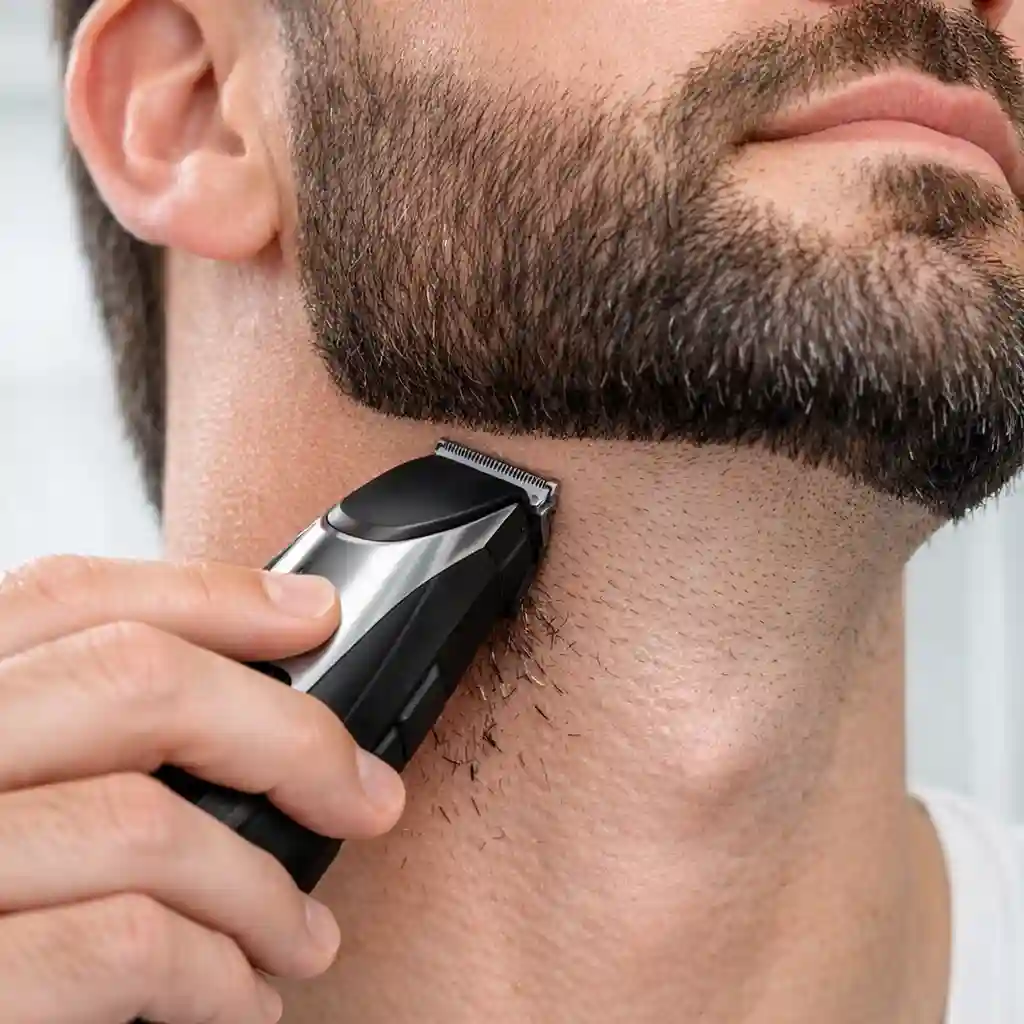 A person using a trimmer to carve a crisp and defined edge along the neckline, which is essential for grounding the overall look of the technique on how to fade my beard successfully.