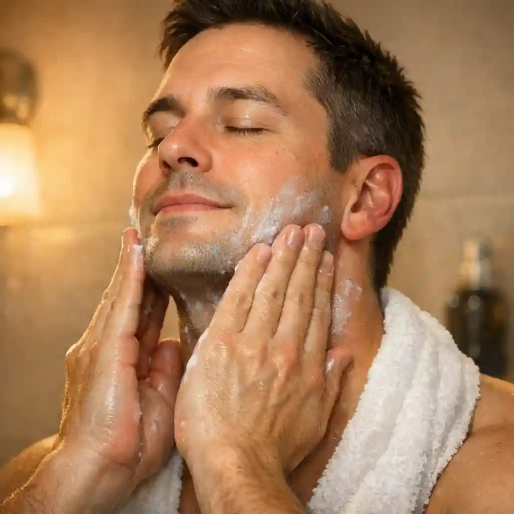A person gently applying soothing aftershave balm to their neck after a grooming session, a vital post-fade care step to prevent irritation when you learn how to fade my beard regularly.