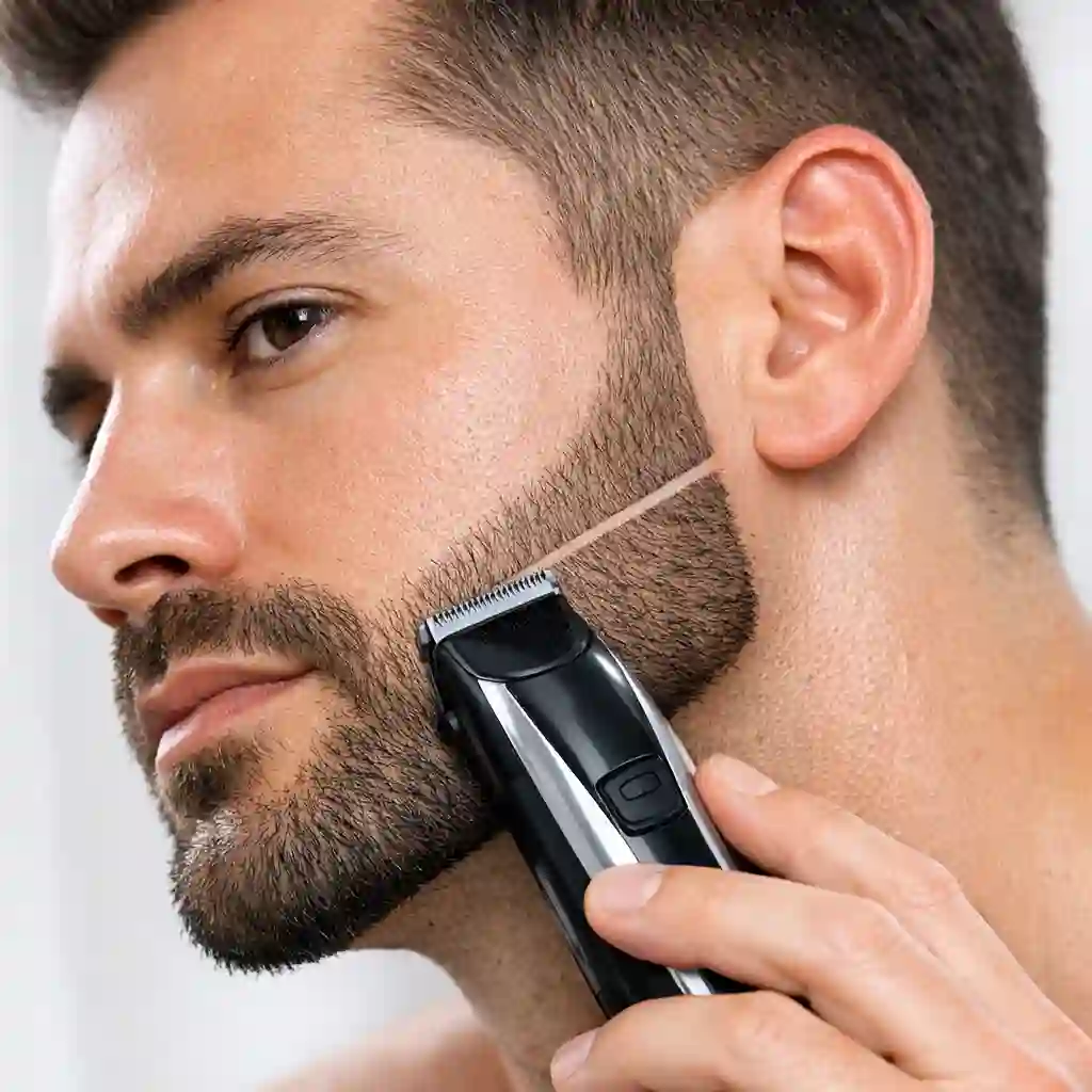 A detailed view of defining the cheek line using a precision trimmer to enhance the facial features and provide a final polished touch to your personal style of how to fade my beard.