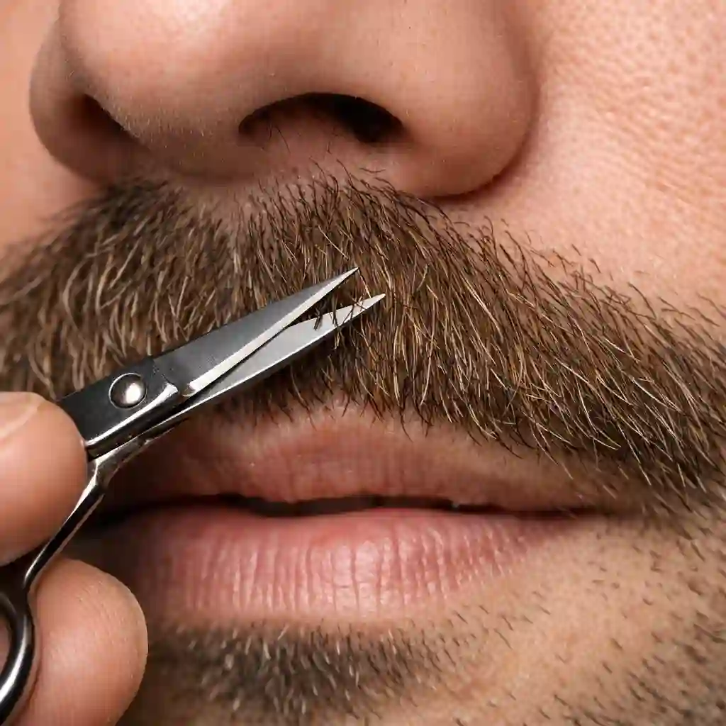 Trimming and shaping a mustache with grooming scissors to ensure it matches the style of the rest of the facial hair, completing the overall look after learning how to fade my beard.
