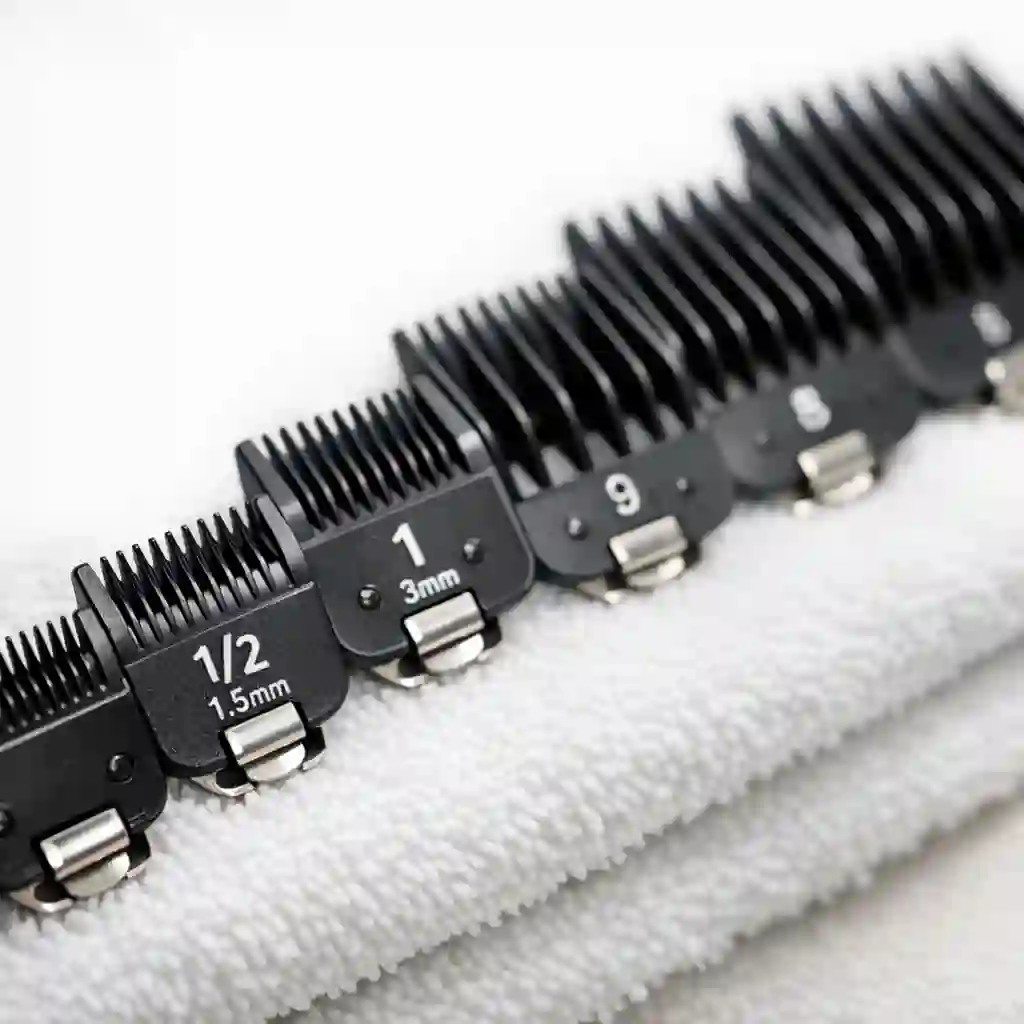 An organized set of clipper guard combs laid out on a table, which are the secret tools for mastering how to fade my beard by allowing for gradual changes in the hair length.