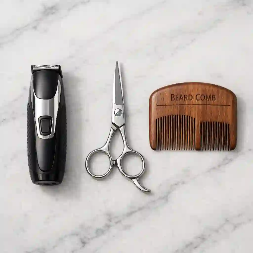 Various beard grooming accessories like scissors, combs, and trimmers displayed together, providing the comprehensive toolkit necessary for a flawless execution of the techniques on how to fade my beard effectively.