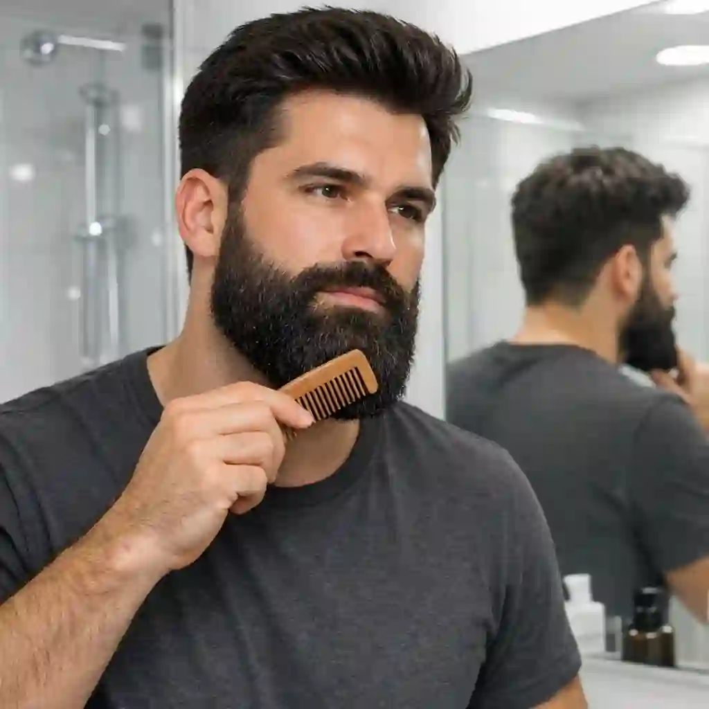 A man washing and drying his facial hair thoroughly, which is a critical preparation step in any guide on how to fade my beard to ensure the cleanest and most even cut possible.