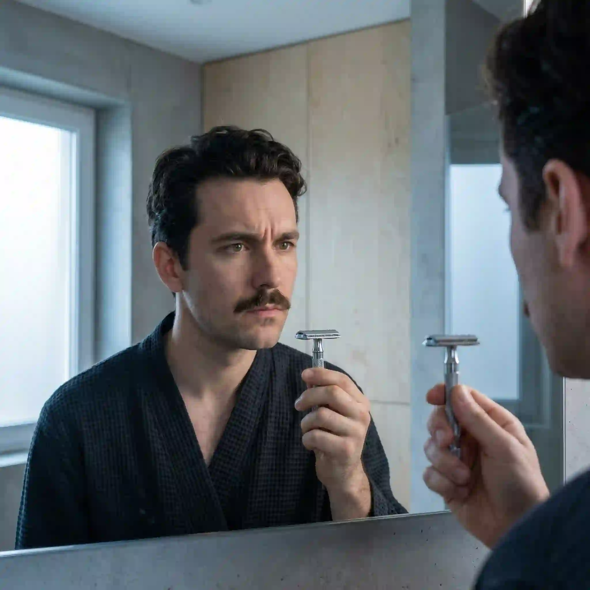 A comprehensive visual comparison showing a man deciding between mustache or no mustache to help users understand how different facial hair styles can drastically alter their overall appearance and personal style presence.