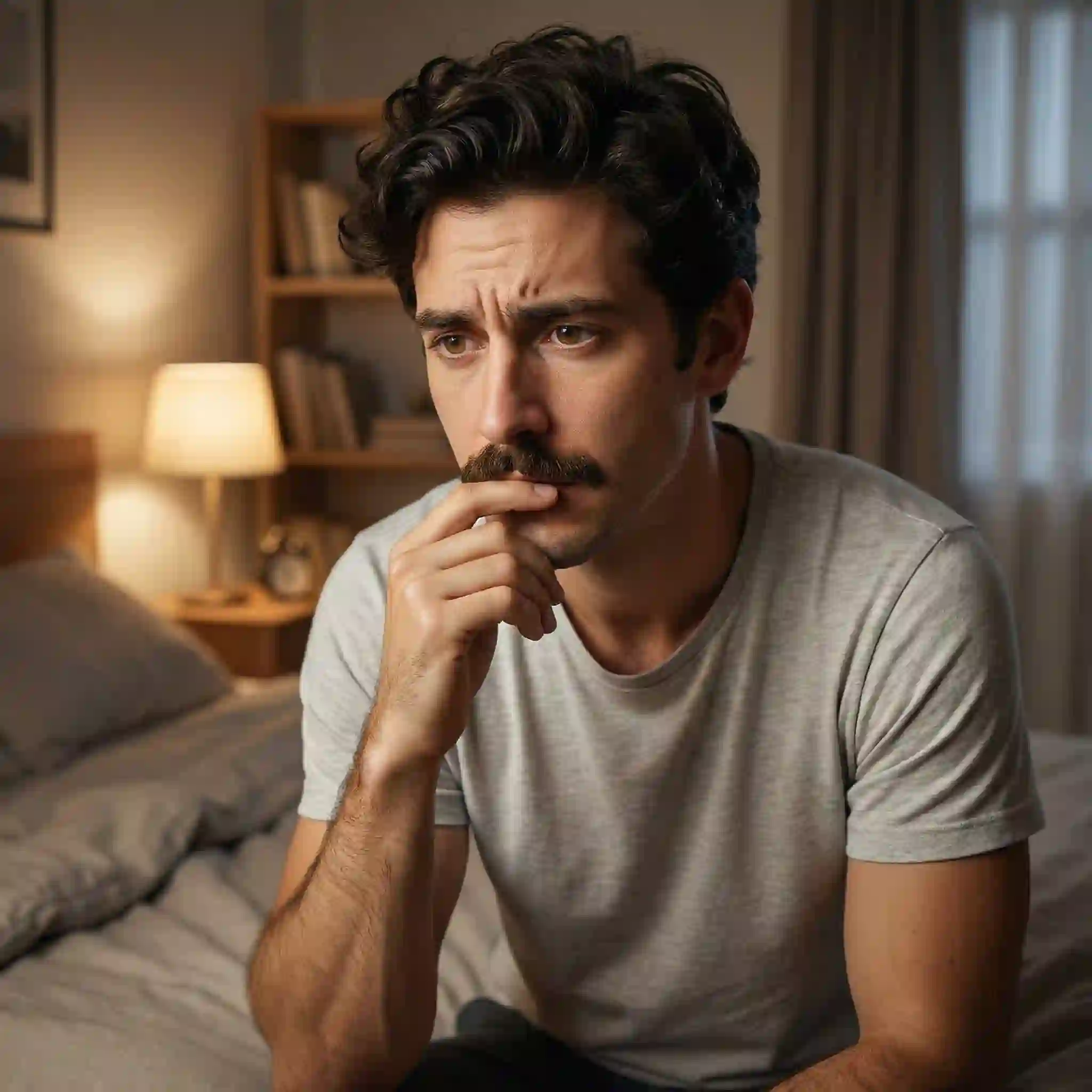 Illustration of the deep psychological hesitation and potential for regret when facing the mustache or no mustache dilemma specifically during the process of shaving off a long-term well-grown facial hair masterpiece.