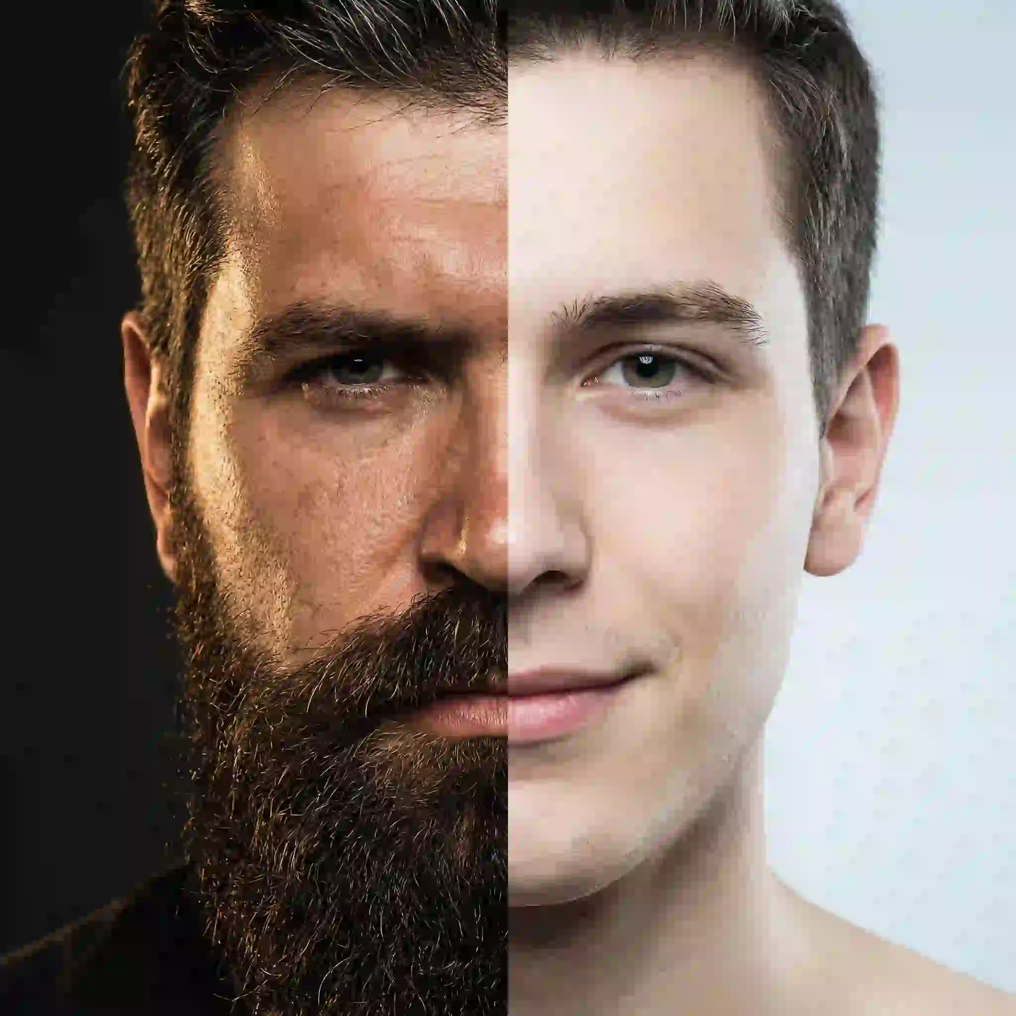 An analytical view of how first impressions are shaped by the mustache or no mustache choice demonstrating the perceived maturity and authority differences between a clean-shaven face and one with classic mustache.