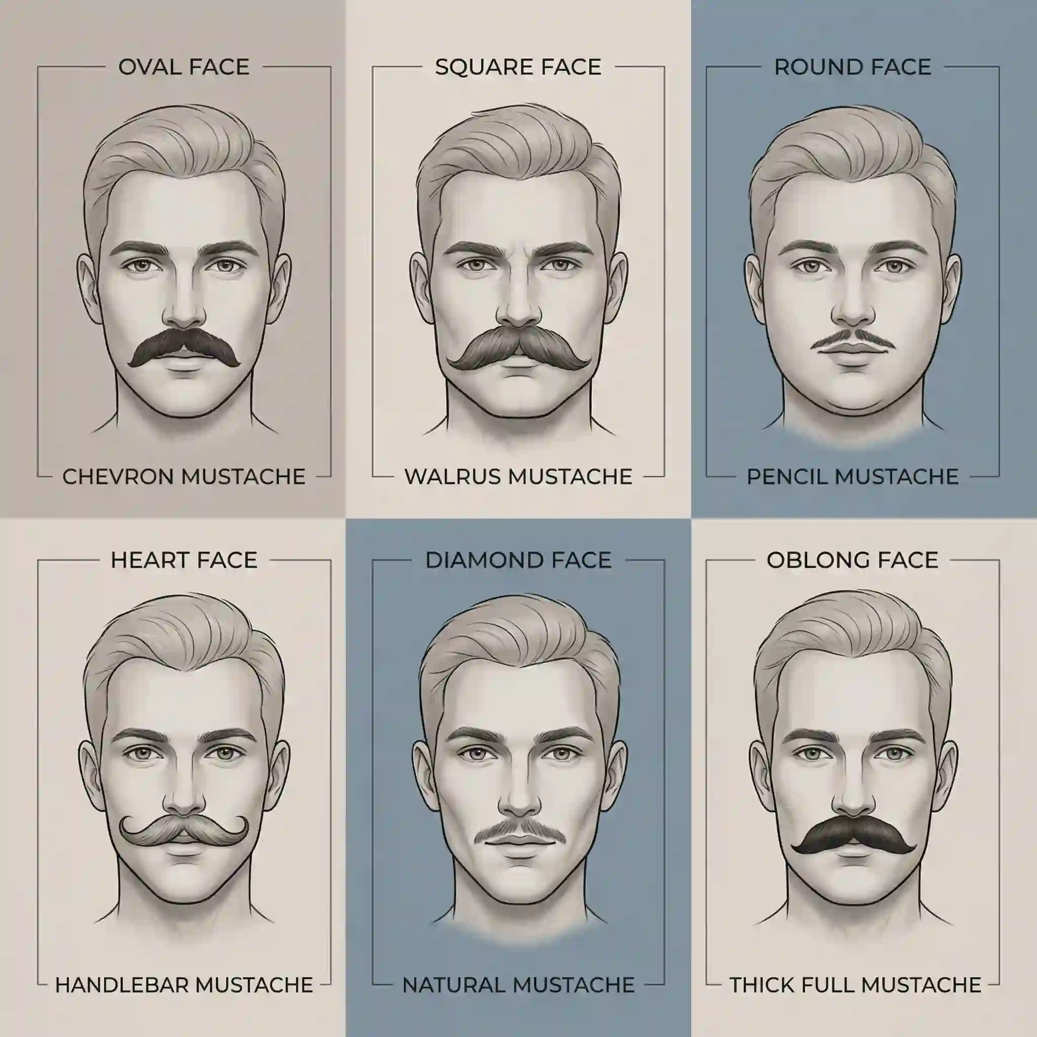 A detailed recommendation chart for various face shapes helping men settle the mustache or no mustache debate by suggesting specific styles like the Chevron, Walrus, or Handlebar that suit their geometric features.