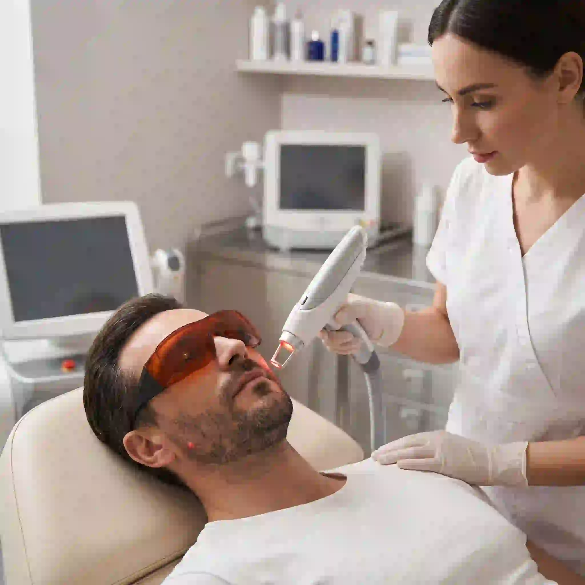 A man undergoing a professional laser hair removal session on his face, demonstrating a highly effective and popular option for men seeking long-lasting results and permanent beard removal without daily irritation.