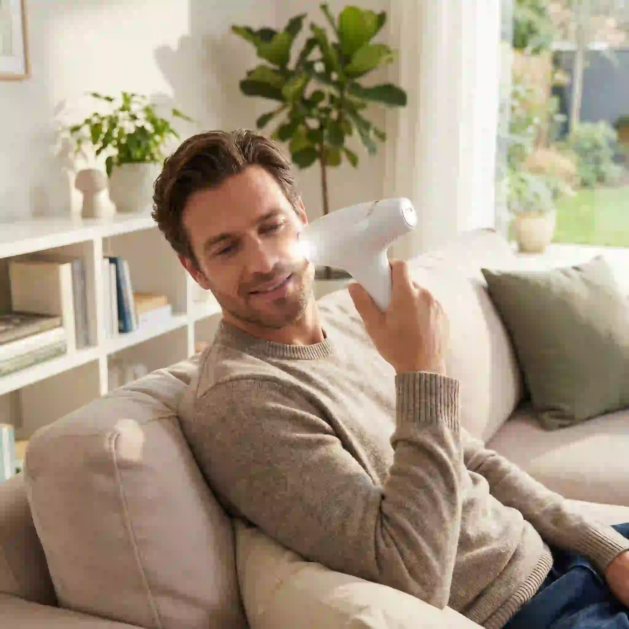 A modern handheld at-home IPL device used for facial hair reduction, showing its convenience but highlighting its limitations compared to professional clinical treatments for true permanent beard removal.