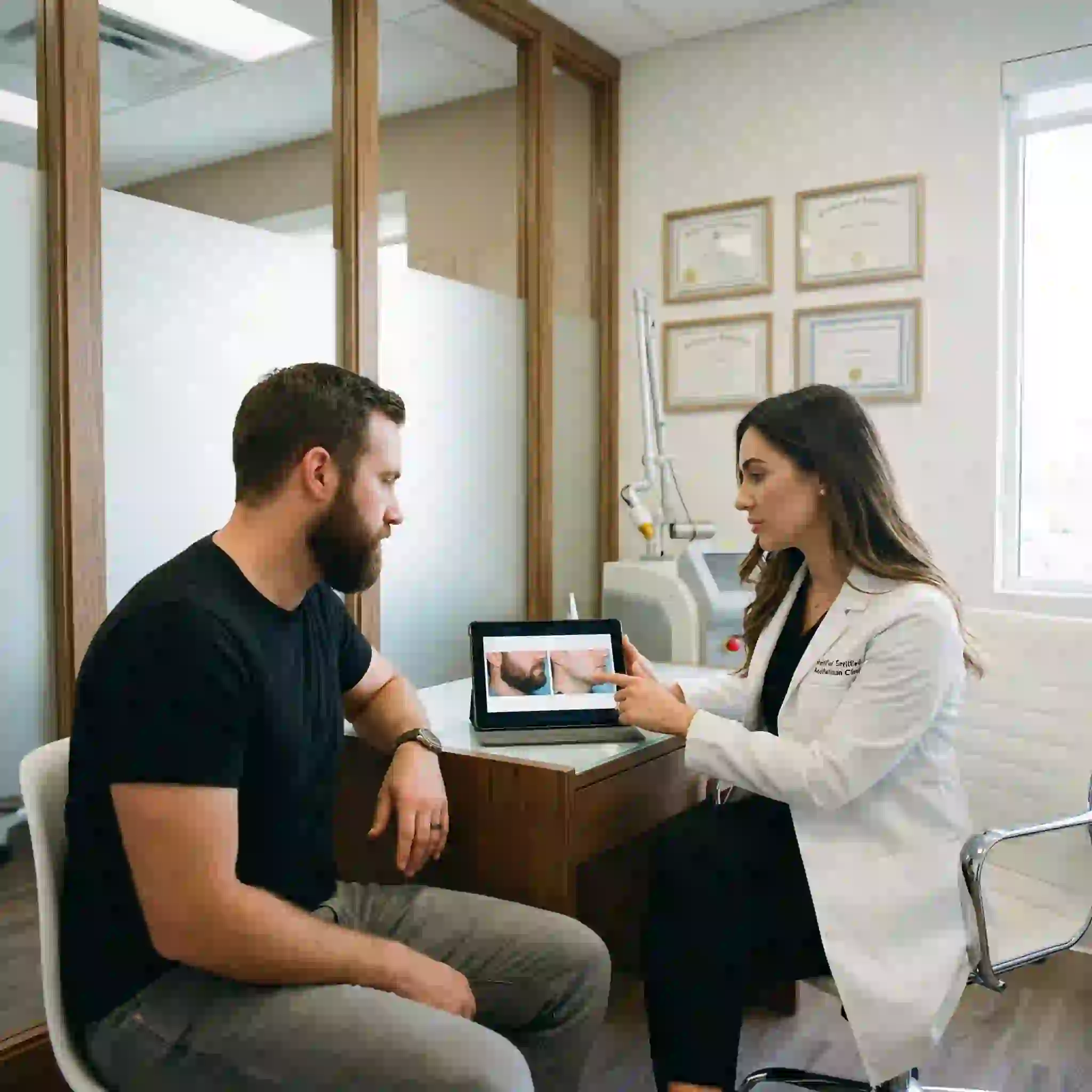 A man having a detailed consultation with a certified technician at a professional clinic, representing the crucial first step toward a safe and successful permanent beard removal journey.