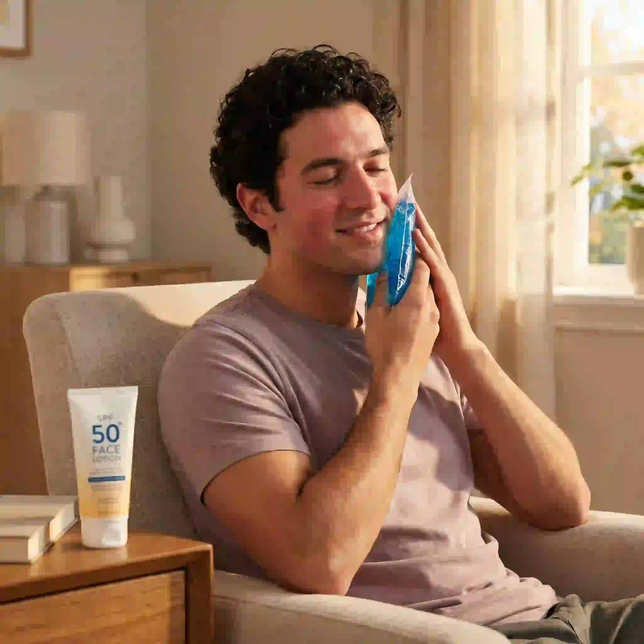 Applying soothing skincare products and applying broad-spectrum sunscreen to a man's face, highlighting essential post-treatment recovery steps required after any professional permanent beard removal treatment.