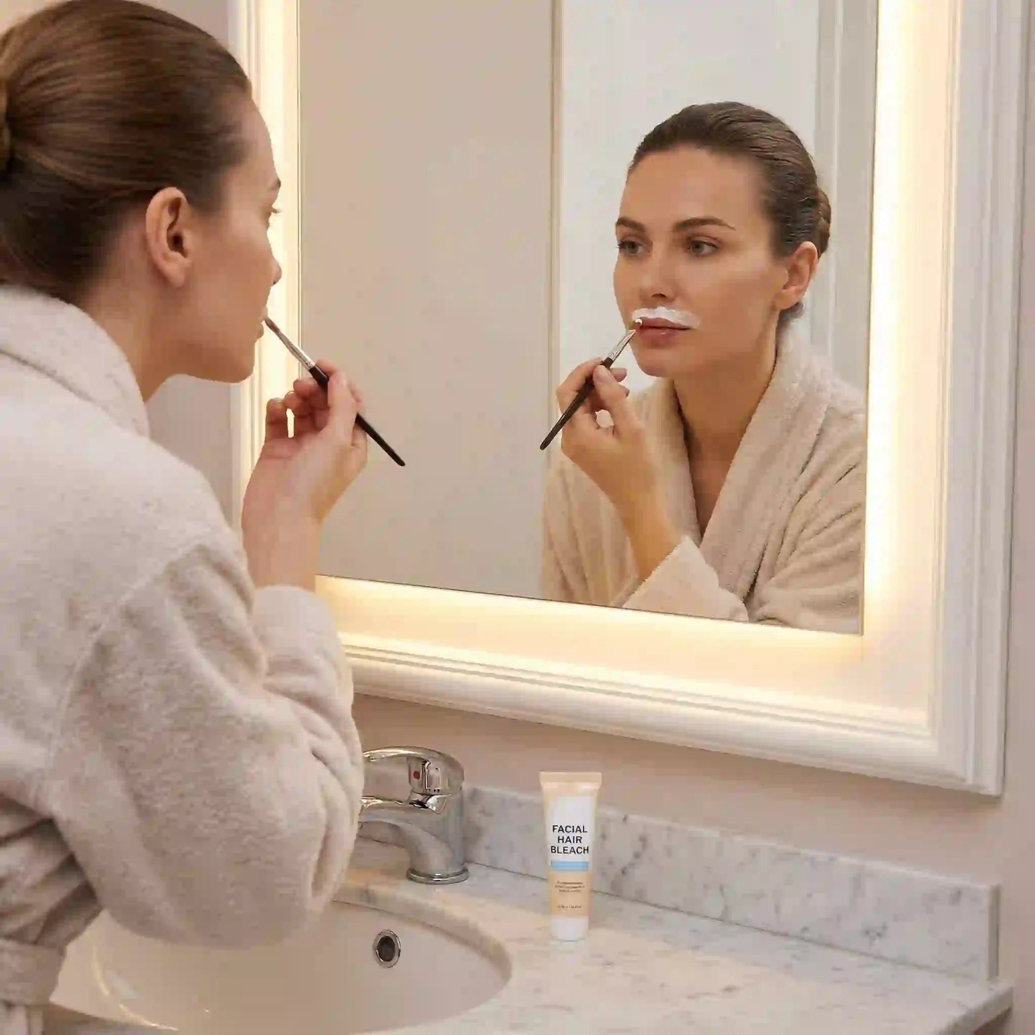 Facial hair bleaching significantly reduces the dark visual prominence of fine hairs without active removal, serving as an aesthetic alternative for those looking to stop facial hair growth.