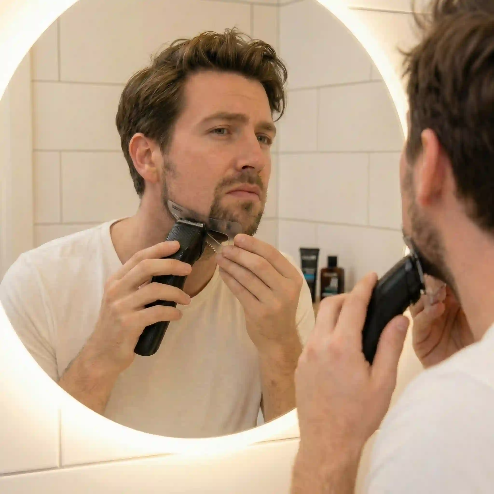 Goatee outline refinement showing a beard enhancer approach with a shaping guide and trimmer to create crisp jaw, cheek, lip, and chin borders.