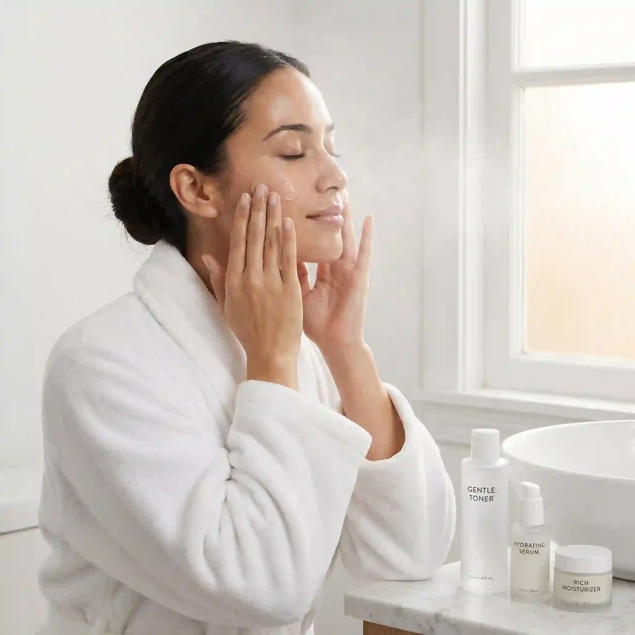 best face shaver for women aftercare routine with cool water, alcohol-free toner, soothing serum, and moisturizer to calm freshly shaved facial skin.