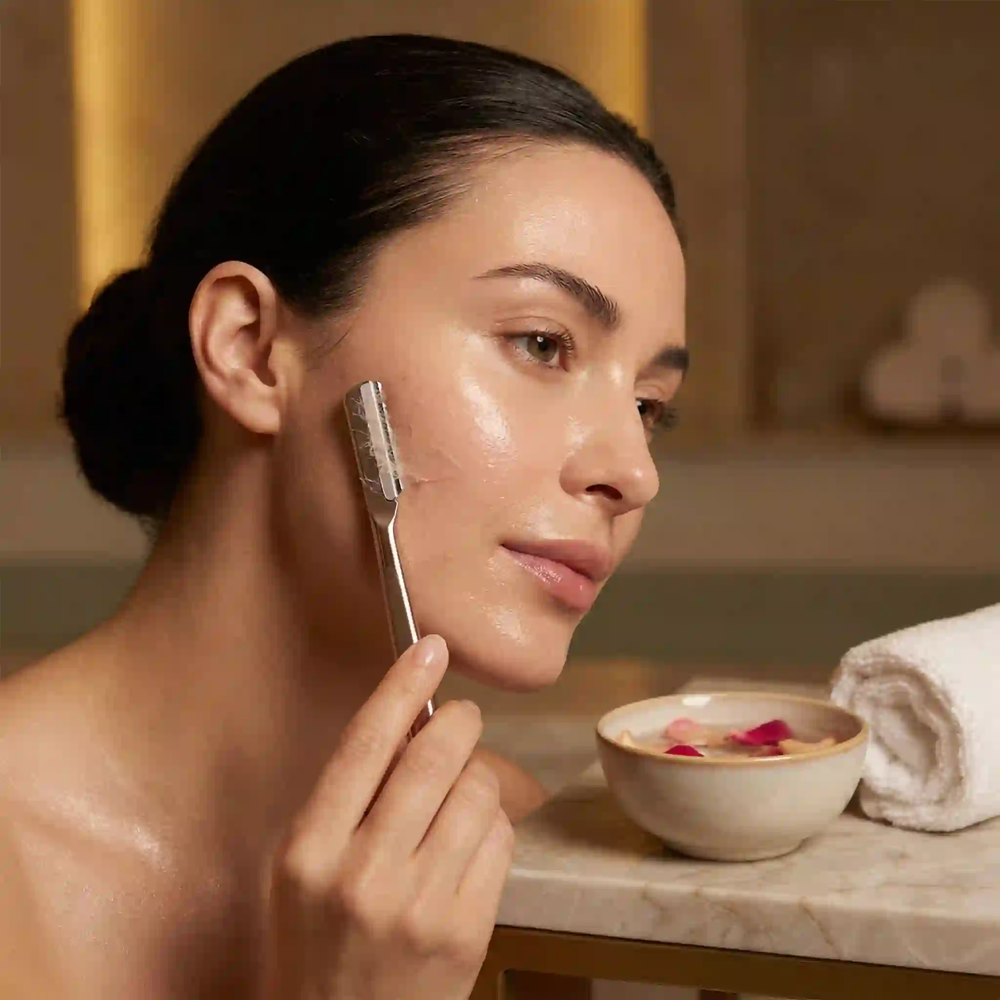 best face shaver for women manual option showing dermaplaning benefits, dead skin removal, smoother makeup texture, and brighter-looking skin after careful shaving.