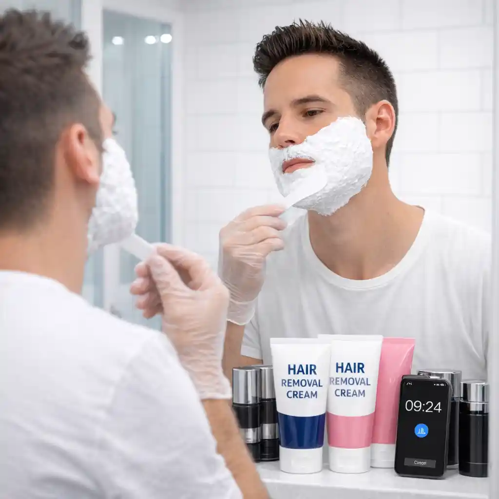 Proper application technique using a spatula to apply a thick layer of facial hair removal cream, ensuring complete coverage of the desired area while carefully avoiding the most sensitive spots like the eyes and lips.
