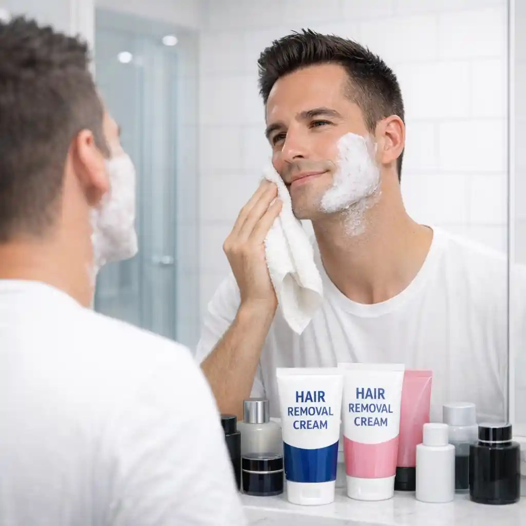 Demonstration of the removal process using a soft damp cloth to gently wipe away the facial hair removal cream and dissolved hair, showing the immediate results of a clean-shaven and smooth appearance achieved without razors.