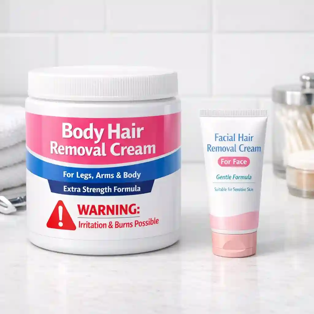 This image illustrates the significant differences between body and facial skin when using facial hair removal cream, highlighting why products designed for the body can be too harsh for the delicate areas of a man's face.