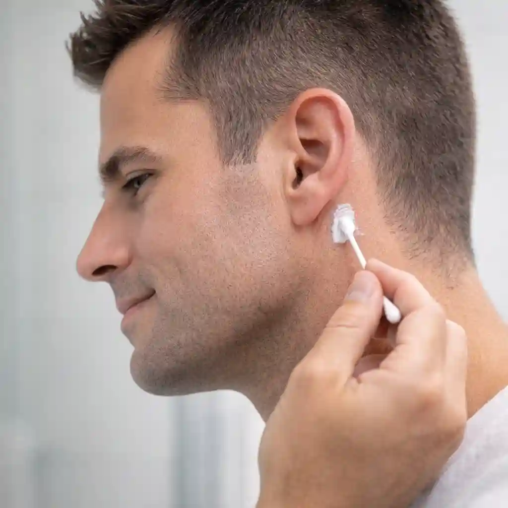 A visual demonstration of a crucial safety patch test being performed before applying a full layer of facial hair removal cream, ensuring that the user does not experience any adverse allergic reactions or skin sensitivity.