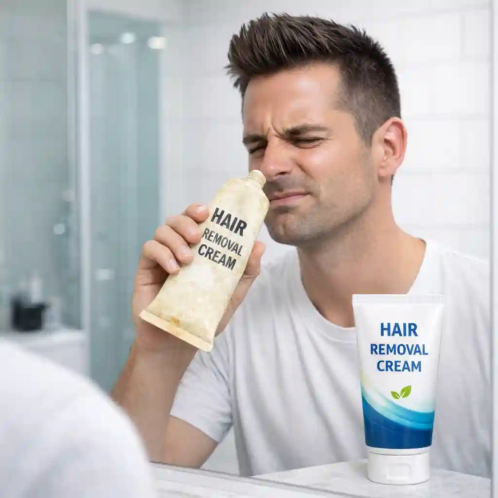 An illustration addressing the common sulfurous scent encountered with traditional facial hair removal cream products and how modern formulations have successfully integrated pleasant fragrances to enhance the overall grooming and hair removal experience.